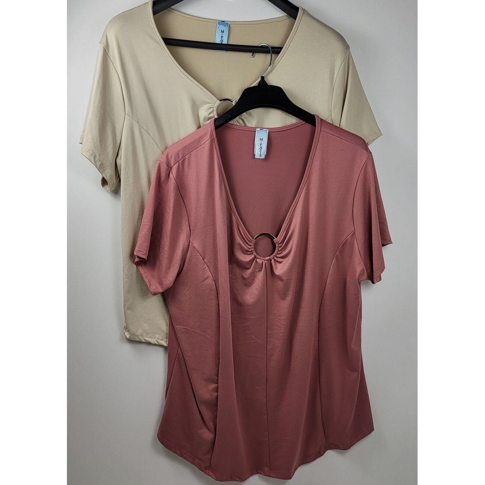 2 Women's 3X M FASIS Short Sleeve O Ring Neckline Pink & Taupe Pullover Blouses